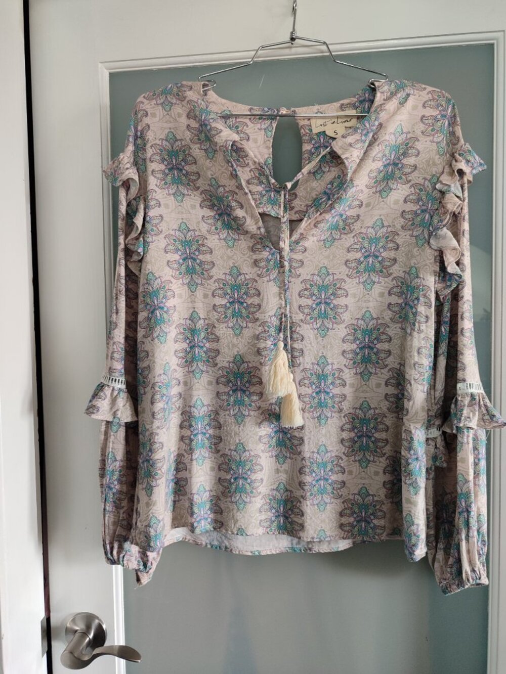 EUC Lost in Lunar Paisley Rayon Boho Blouse Ruffle V-Neck Tassel Tie Top S